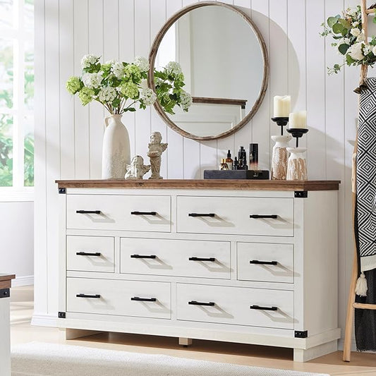 Farmhouse 7 Drawer Dresser for Bedroom - Wood Large Dressers & Chests of Drawers for Closet, 54 Inch Long Dresser with Storage for Bedroom, Living Room, Antique White