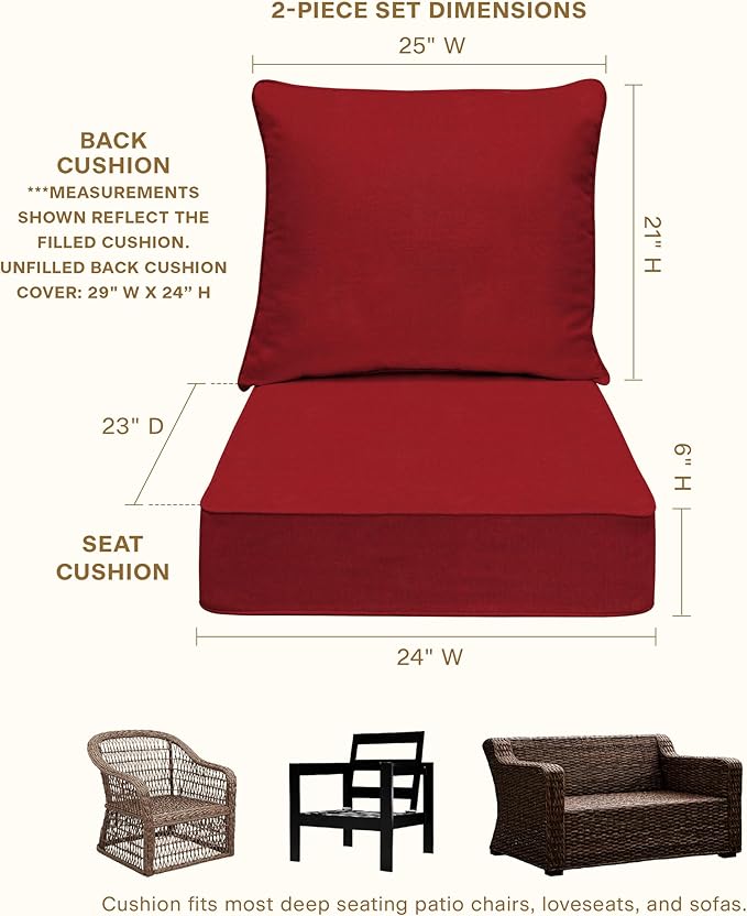 Honeycomb Outdoor Deep Seat, 24 x 23, Textured Solid Imperial Red Chair Cushion for Patio Furniture
