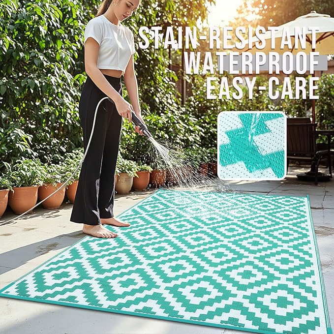 OLANLY Waterproof Outdoor Rug 9x12 ft, Outdoor Plastic Straw Rug for Camping, RV Mat Outside, Outdoor Carpet for Porch, Deck, Backyard, Balcony, Picnic, Turquoise & White