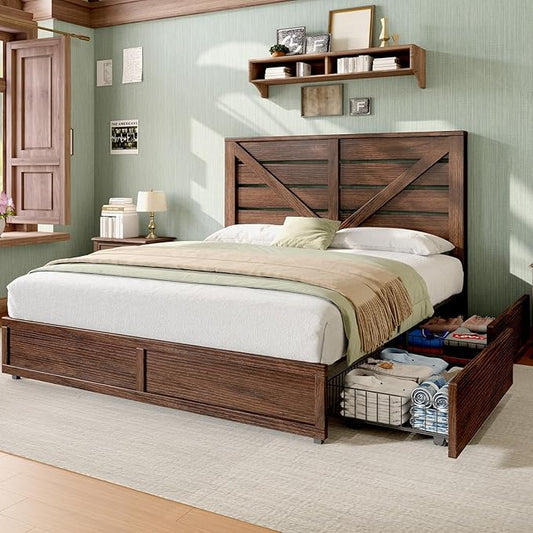 AMERLIFE Full Size Farmhouse Bed Frame with 4 Drawers, Wooden Storage Bed Frame with Headboard and Heavy Duty Metal Slats, Noisy Free, Easy Assemble, Rusric Brown