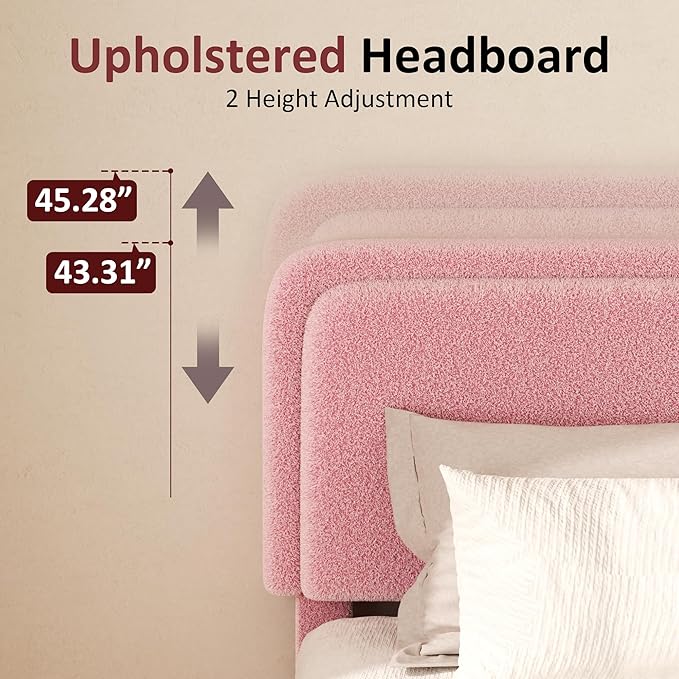 Queen Boucle Platform Bed Frame with Height Adjustable Headboard, Modern Upholstered Cloud Bed, Sleek Curved Design, No Box Spring Needed, Easy Assembly, Noise Free, Pink