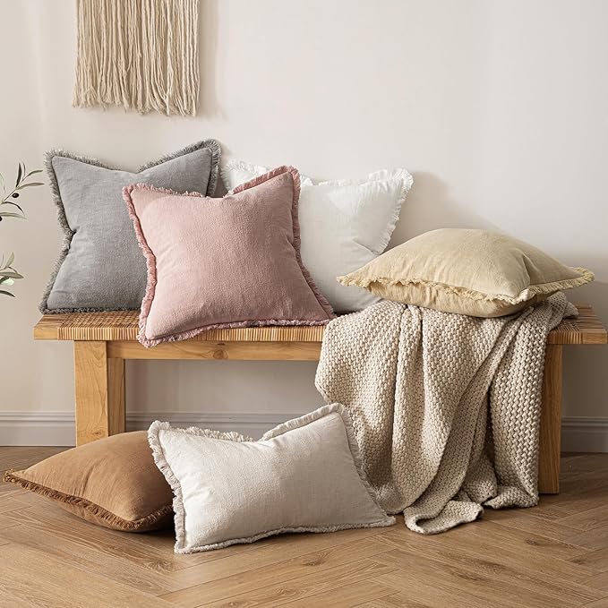 MIULEE Christmas Decorative Lumbar Throw Pillow Covers Neutral Linen Fringe Throw Pillows Set of 2 White Boho Farmhouse Cushion Covers with Tassels for Couch Sofa Bed Living Room Decor 12x20 Inch