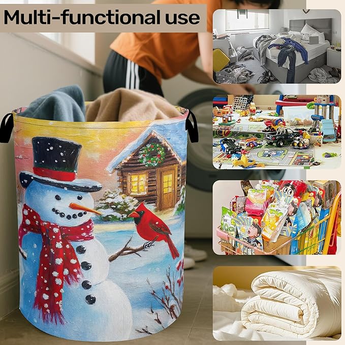Snowman Cardinal Large Clothes Hamper Bag - Laundry Basket with Handles, Space Saving Foldable Design for Nursery