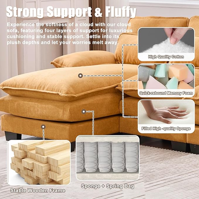 KEIKI 108" U-Shaped Chenille Modular Sectional Chenille Sofa with 2 Movable Ottoman & Pillows & 2 Side Pocket, Oversized 4-Seater Couch with Memory Foam Cushion, Easy Assembly, for Living Room, Yellow