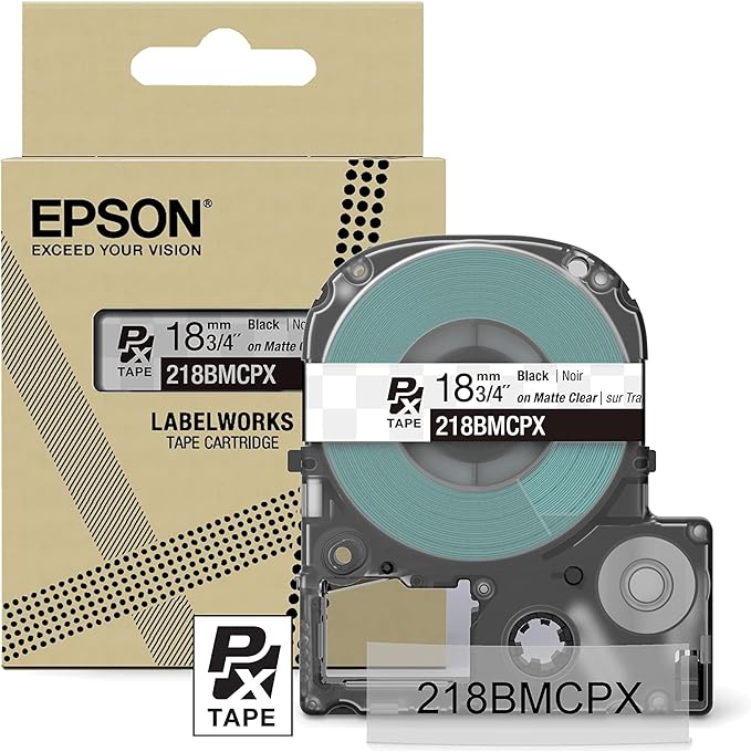 Epson LABELWORKS 218BMCPX Genuine PET (Polyester) Tape Cartridge - Black on Matte Clear Designer Craft Label Maker Tape - 3/4" (18MM) Wide, 26'