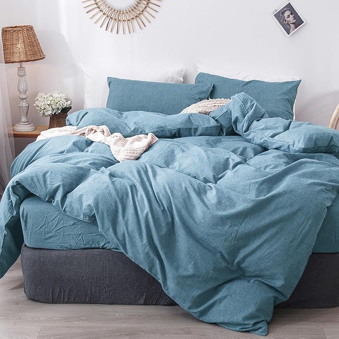 MooMee Bedding Duvet Cover Set 100% Washed Cotton Linen Like Textured Breathable Durable Soft Comfy (Heathered Peacock Blue, Oversized Queen 98"x98")