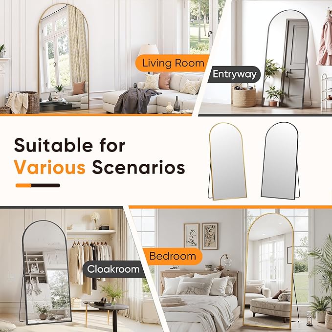 Suidia Full Length Mirror, 71"x26" Floor Standing Mirror Freestanding, Full Body Mirrors with Stand for Bedroom, Hanging Mounted for Living Room Cloakroom, Black, Arched Style