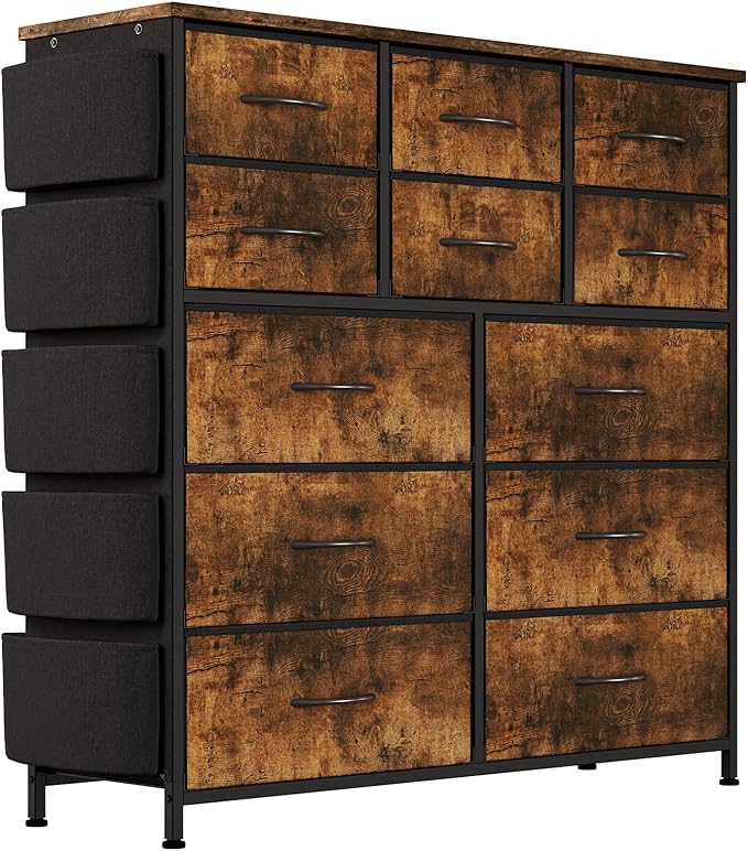 Dresser for Bedroom with 12 Drawers, Tall Dresser Chest of Drawers with 5 Side Pockets and Hooks, Wooden Top Fabric Dresser Storage Tower for Closet, Hallway, Living Room, Rustic Brown