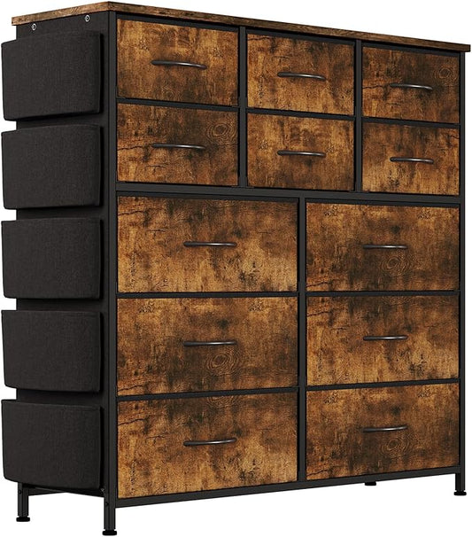 Dresser for Bedroom with 12 Drawers, Tall Dresser Chest of Drawers with 5 Side Pockets and Hooks, Wooden Top Fabric Dresser Storage Tower for Closet, Hallway, Living Room, Rustic Brown