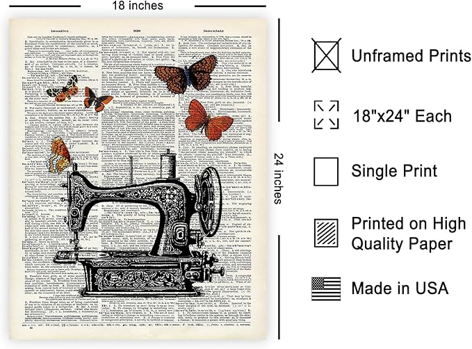 Poster Master Dictionary Art Poster - Sewing Machine Print - Sewing Art - Butterfly Art - Gift for Men, Women & Dressmaker - Chic Decor for Living Room, Bedroom or Office, 18x24 Unframed Wall Art