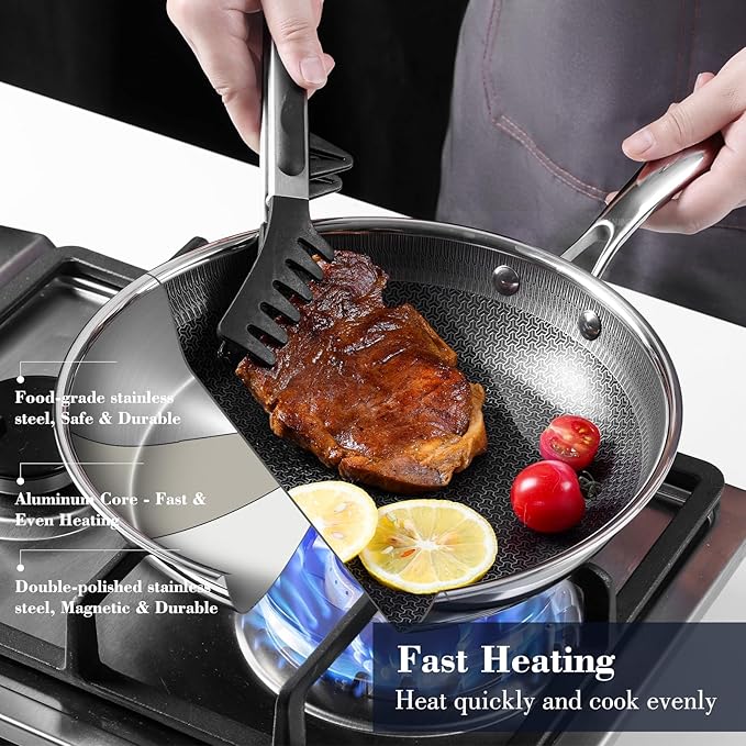 12 Inch Hybrid Non Stick Frying Pan Set Skillet Stainless Steel Skillet Chef's Pan with Matching Lid, PFOA-Free Non-Toxic Cookware, Dishwasher & Oven Safe, Induction Compatible All Cooktop