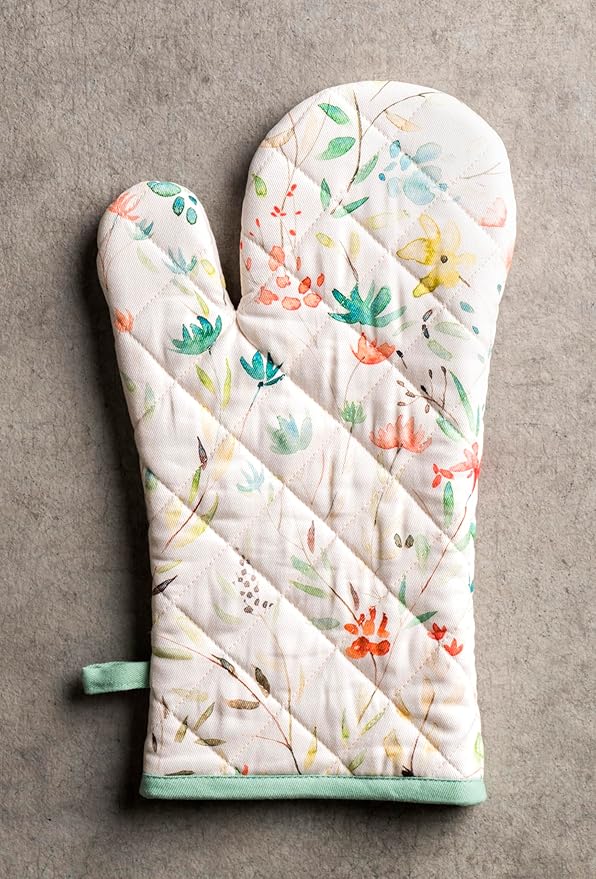 Maison d' Hermine 100% Cotton Oven Mitt & Pot Holder Set (7.5"x13" & 8"x8") Heat Resistant BBQ Cooking Gloves with Loop, Baking, Grilling, Kitchen, Handling Hot Pans Spring/Summer (Colmar)