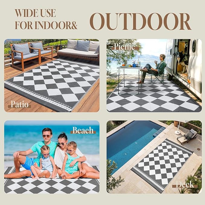 OMERAI Reversible Waterproof Outdoor Rug for Backyard,Plastic Textured Resistant Outdoors Rugs,Portable Washable Easy Cleaning Foldable Camping Beach Carpet for Patio Courtyard, 6'x9' Gray & White