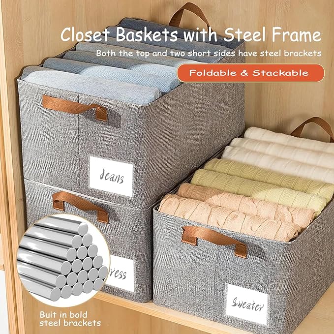 AARAINBOW 4 Pcs Closet Clothes Organizer Bins, Closet Fabric Storage Box with Steel Frame Stackable Shelf Storage Baskets, Fabric Storage Baskets Foldable Closet Shelf Storage Containers, 23L (4 Gray)