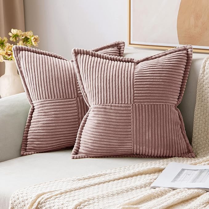 MIULEE Decorative Throw Pillow Covers for Couch Bed Livingroom 16x16 Inch Set of 2 Blush Pink Boho Accent Throw Pllows Broadside Striped Patchwork Soft Corduroy Pillowcases