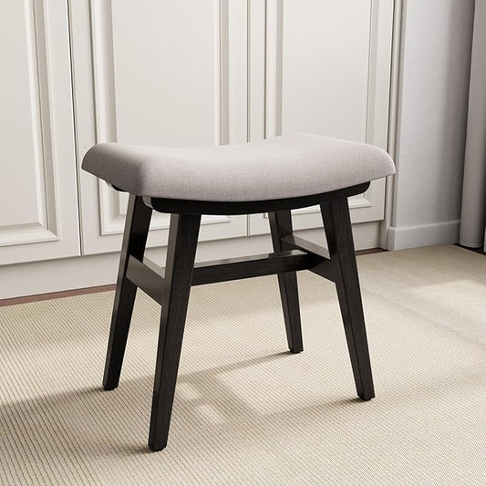 Solid Wood Small Vanity Stool, Compact Makeup Chair with Saddle Cushion, Linen-Covered High Rebound Sponge Seat, Easy Assembly Footstool, Modern Ottoman for Bedroom, Entryway, Home, Black
