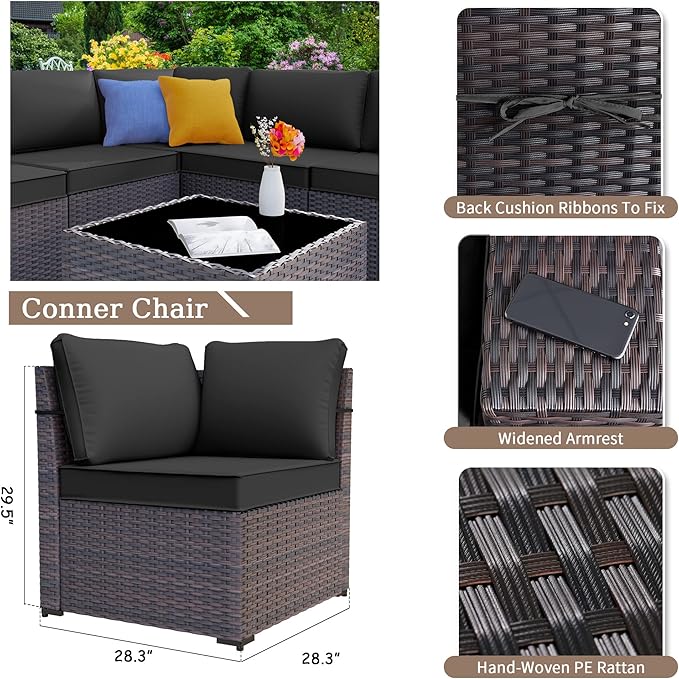 Kurapika 12 Pieces Patio Furniture Set, Rattan Wicker Outdoor Conversation Sets w/4 Inch Cushion and Glass Coffee Table(Black)