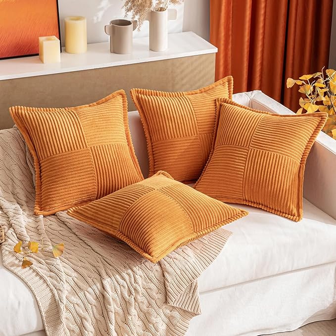 MIULEE Burnt Orange Fall Decorative Euro Sham Throw Pillow Covers for Couch Bed Livingroom 24x24 Inch Set of 2 Boho Accent Throw Pllows Broadside Striped Patchwork Soft Corduroy Pillowcases