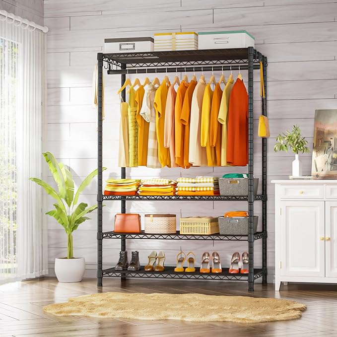 Ulif H4 Plus Portable Closets, 4-Tier Clothes Garment Rack for Bedroom and Cloakroom, Metal Clothing Storage and Organizer Wardrobe System, 45" W x 14" D x 76.4" H, Load 522lbs, Black