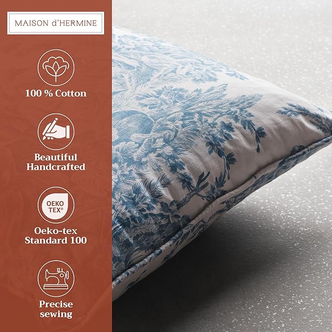 Maison d' Hermine Decorative Pillow Covers 18 x 18 Inch Square 100% Cotton Throw Pillow Covers with Invisible Zipper for Living Room Couch, Chair, Sofas, Bedroom, Home (The Miller - Denim)