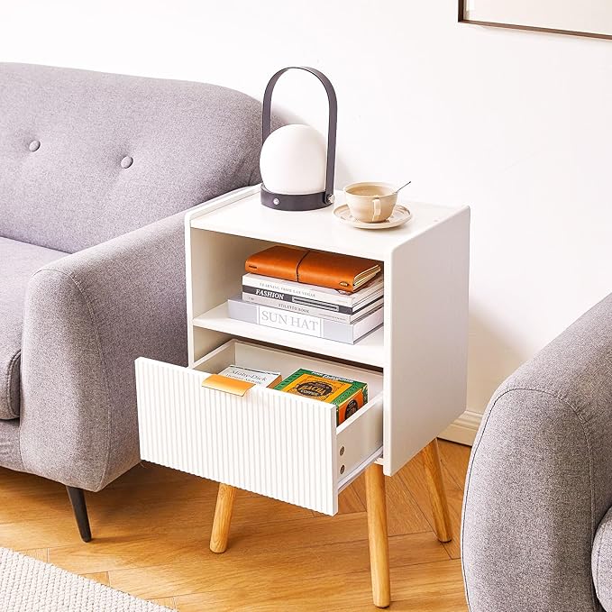 Nightstand with Storage Drawer, Modern Bedside Table with Liner Drawer and Solid Wood Legs, Small End Table with 2-Tier Storage, White YD-TM061W