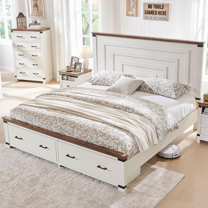 RedLemon Farmhouse King Size Bed Frame w/ 54" Tall Geometric Headboard, Rustic Wood Platform Bed w/ 2 Large Storage Drawers, Wood Slats Support, Noise Free, No Box Spring Needed, Antique White