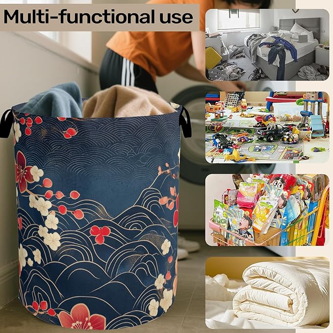 Japanese Wave Cherry Blossom Large Clothes Hamper Bag - Laundry Basket with Handles, Space Saving Foldable Design for Nursery