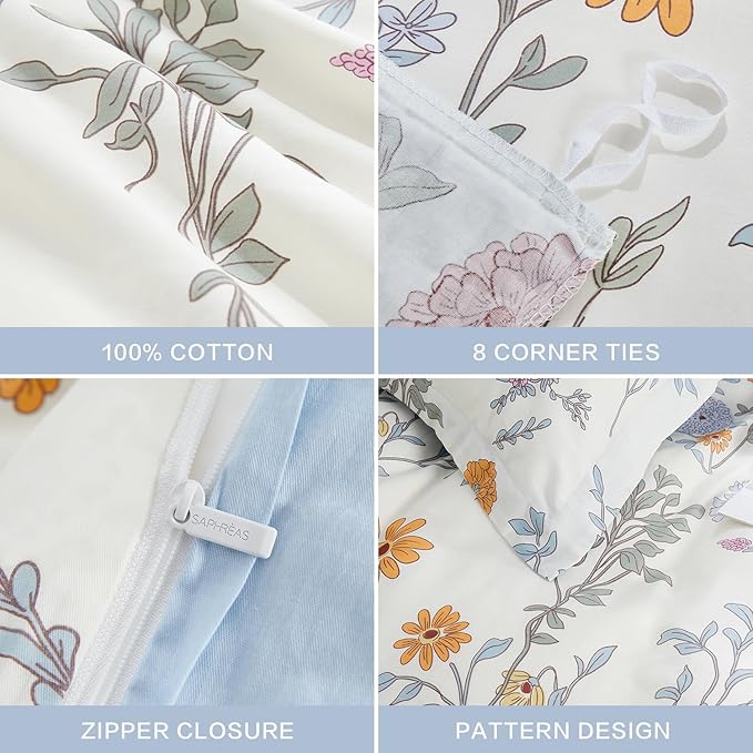 SAPHREAS Floral Duvet Cover Set King Size 3pcs Garden Style Botanical Flower Leaves Pattern Bedding Comforter Cover Set 100% Cotton 1 Duvet Cover 104"x90" 2 Pillow Shams, Comforter Not Included