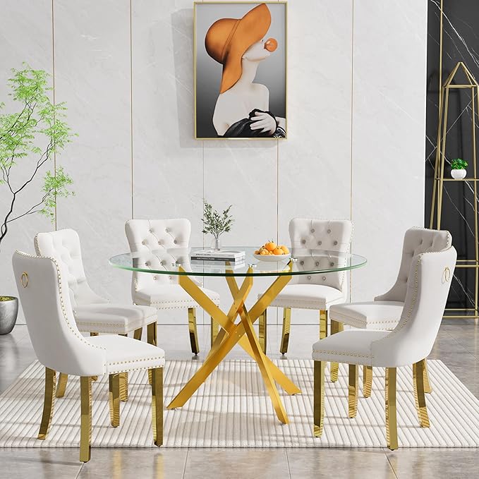 Goujxcy Round Dining Table Set for 6, Modern Glass Kitchen Table and Chairs Set of 6, 7-Piece Dining Room Table Set w/47 Circle Gold Glass Dining Table and 6 Upholstered Velvet Chairs