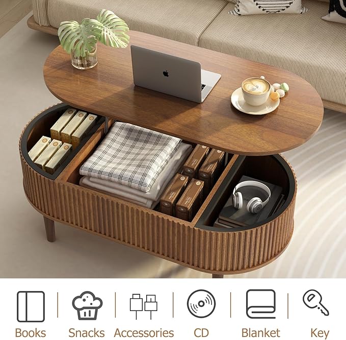 Ludatido 39 Inch Lift Top Coffee Table with 3 Storage for Living Room, Oval Coffee Table with Hidden Compartment, Fully Wooden Center Easy to Assembled for Home Living Room Office Brown