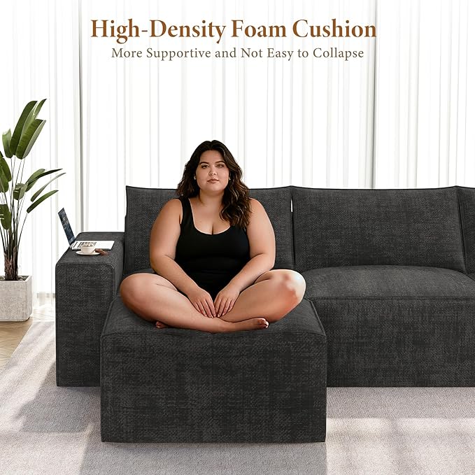 Vesgantti 114" Modular Sectional Boneless Couch, Modern 3 Seater Sofa with Ottoman & Deep Seat, Convertible Chenille L Shaped Cloud Couches for Living Room, No Assembly Required, Dark Grey