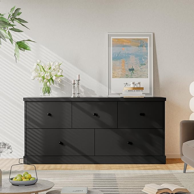 JUMMICO Dresser for Bedroom, Wide Chest of Drawers with 5 Wood Dresser Drawers, TV Stand, Modern Design for Bedroom, Living Room, Hallway, and Entryway (Black)