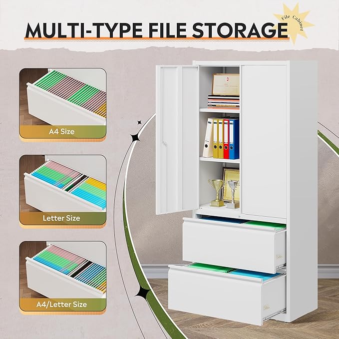 DEVAISE Metal Storage Cabinets for Home Office, 2 Drawers Lateral File Cabinets and Doors, 71" Filing Cabinet with Lock and Adjustable Shelves, White