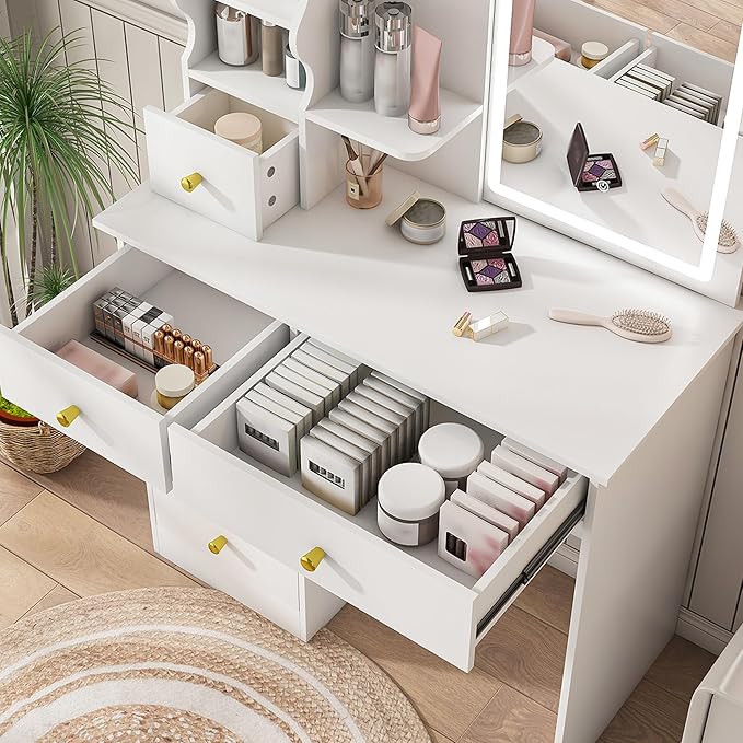 Casaphoria White Makeup Vanity Desk with Hidden Mirror, 31.5 Inch Dressing Table with 5 Drawers, 3 Color Adjustable LED Lights, No Stool Included