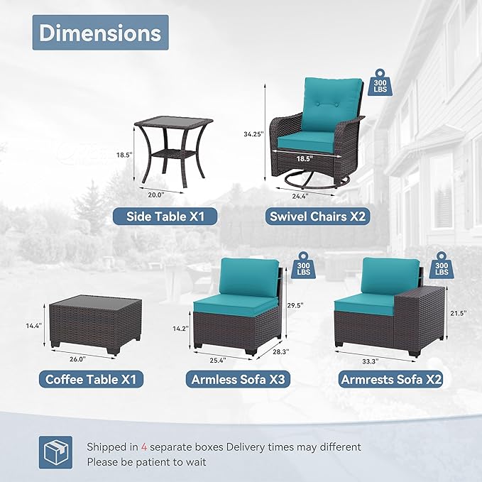 Kurapika 9 Pieces Patio Furniture Set, Rattan Wicker Sofa Set, Outdoor Conversation Sets w/Swivel Rocking Chairs Patio Sectional Sofa w/4 Inch Cushion, Blue