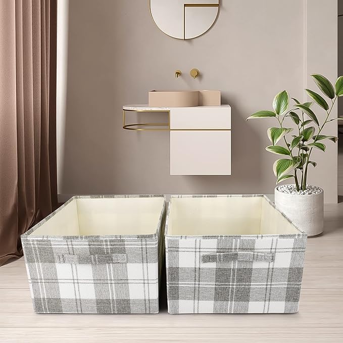 ANMINY 2PCS Storage Baskets Closet Storage Organizer Bins with Handles, Foldable Large Fabric Storage Bins for Shelves, Rectangular Baskets Laundry Clothes Blanket Cubes - Light Gray, Large