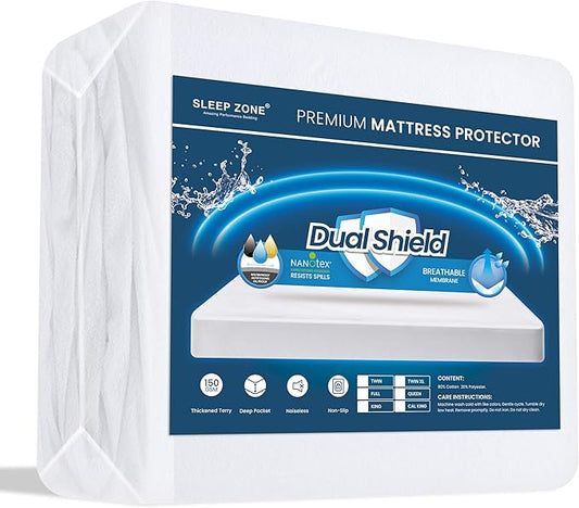 SLEEP ZONE Waterproof Mattress Protector Twin Size, Nanotex Soft Breathable Cotton Terry Mattress Cover, Washable Noiseless Bed Cover Deep Pocket 8"-21", (White Cali King)