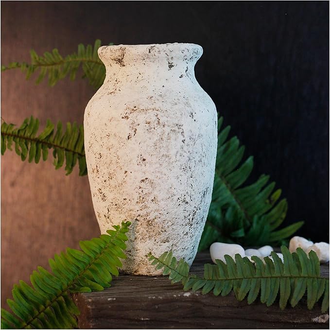 roro Handmade 7.5 Inch Rustic Farmhouse White Textured Ceramic Prunus Vase – Classic Decorative Flower Vase for Home, Office, or Shelf Centerpiece