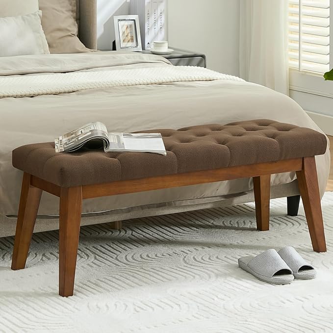 43.5'' Linen Bedroom Bench, Upholstered End of Bed Bench with Tufted Button, Padded Vintage Dining Bench, Entryway Bench with Solid Wood Legs, Kitchen, Living Room, Hallway, Brown Tufted