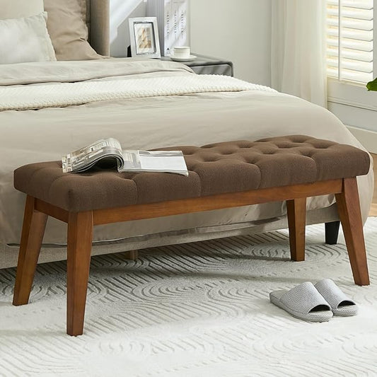 43.5'' Linen Bedroom Bench, Upholstered End of Bed Bench with Tufted Button, Padded Vintage Dining Bench, Entryway Bench with Solid Wood Legs, Kitchen, Living Room, Hallway, Brown Tufted