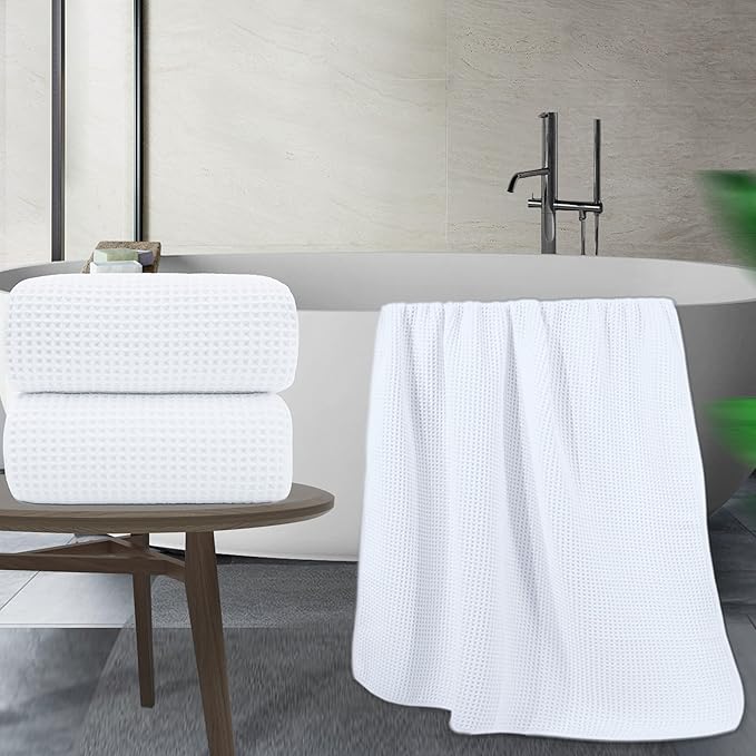 POLYTE Microfiber Quick Dry Lint Free Bath Sheet, 70 x 35 in, Set of 2 (White, Waffle Weave)