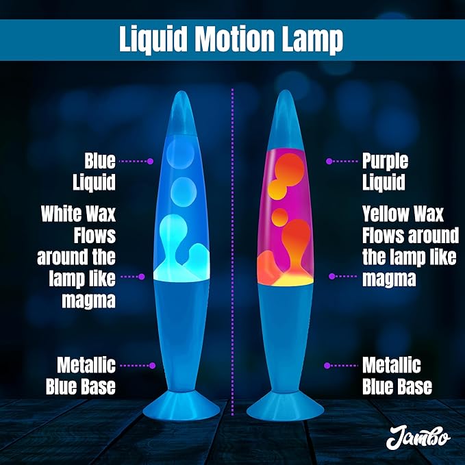 JAMBO 2 Pack- 16" Beautiful Lamp- Blue with Blue/White Wax and Purple with Yellow Wax, Relaxing Liquid Lamp, Night Light Nightlight, Lamps for Adults Teens Kid