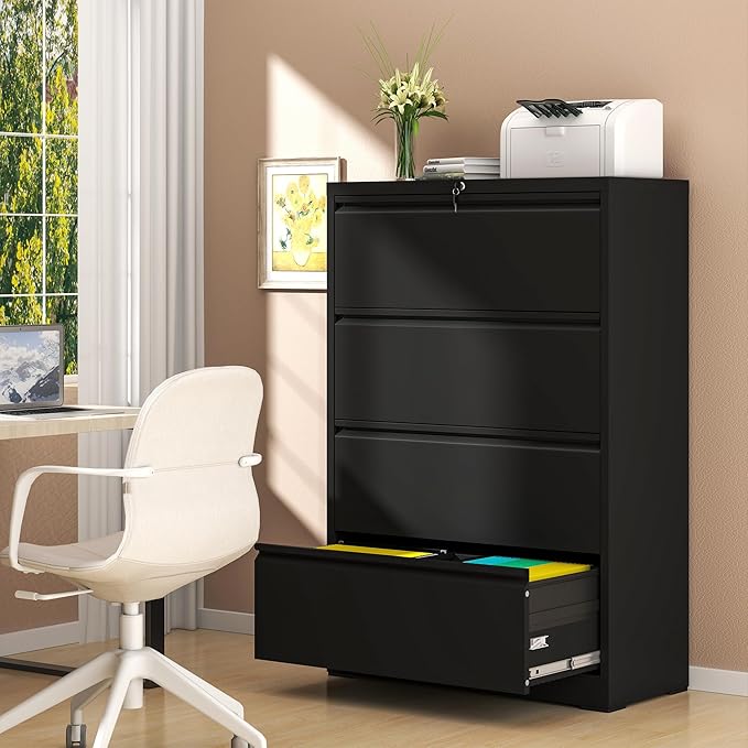 AQY 4 Drawer File Cabinet with Lock,Metal Lateral File Cabinets for Home Office,Steel Wide Filing Organization Storage Cabinets for Hanging Files Letter/Legal/F4/A4 Size Assembly Required(Black)