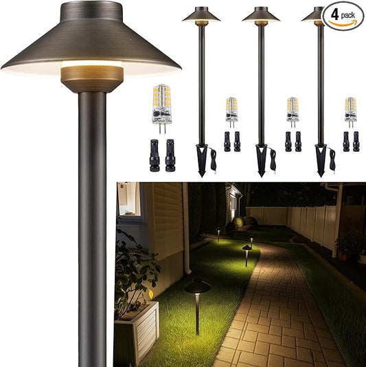 Low Voltage Landscape Lighting Brass - 12v Pathway Lights Waterproof, Hardwired Path Light Outdoor, Antique Bronze for Exterior Patio Garden with 3W 2700K Warm White G4 Bulb (4 Pack)