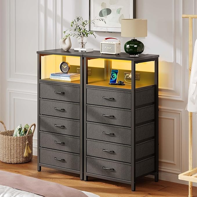 Seventable Night Stand with Charging Station, Tall Nightstand with 5 Fabric Storage Drawers, Side Table with LED Light for Bedroom, Entryway, Black