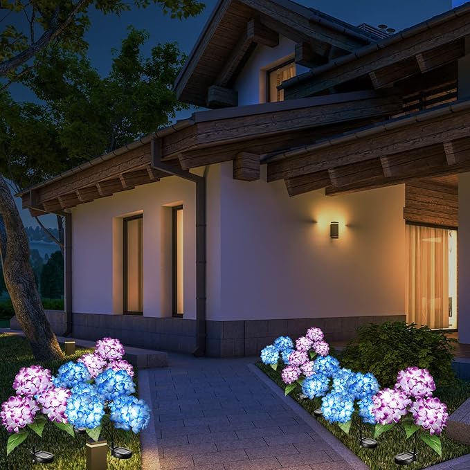 Solar Flowers Lights - Outdoor Waterproof Hydrangea Stake, Solar Flower Decor for Patio, Courtyard, Garden Lawn (Blue & Purple)