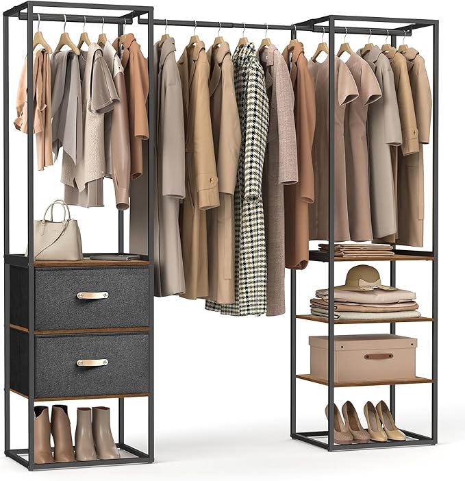 SONGMICS Clothes Rack, 70.9 Inch Wardrobe Freestanding Closet, Heavy Duty Garment Rack with 1 Extendable Hanging Rod, 2 Drawers and 4 Shelves, for Bedroom, Space-Saving, Rustic Brown URGR003B01