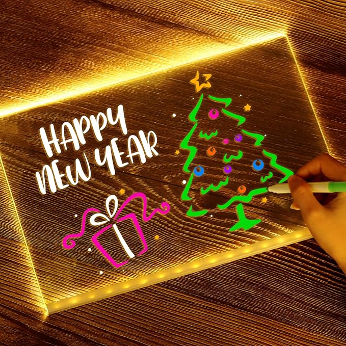 LED Note Board with Colors 11.8 X 7.9”, Acrylic Dry Erase Board with Light, Led Drawing Writing Board for Kids with 7 Marker Pen, Light up Message Board with Stand, Glow Rewritable Memo Board Write On