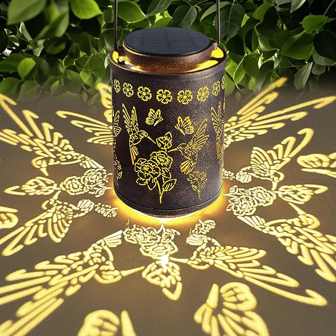 Upgraded Solar Hummingbird Lights for Outside Garden Decor Gifts for Women Mom Grandma, Metal Hanging Solar Lanterns Outdoor Waterproof with Copper Finish Lantern for Patio, Yard, Porch, Pathway