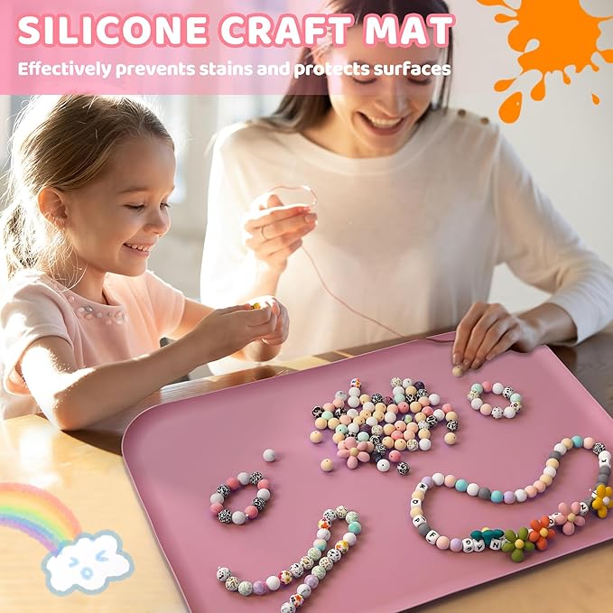 Silicone Craft Mats for Kids 24"x16"– with Raised Lip & Non-Slip | Reusable Silicone Art Mat for Play Sand, Painting, DIY Crafts | Durable Design (Pink)